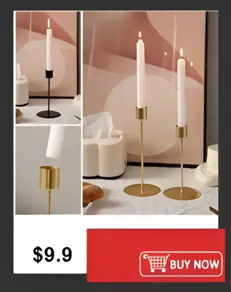 Gold-toned candle holders with sleek minimalist design and circular bases displayed beside a shatterproof clear acrylic cylinder vase