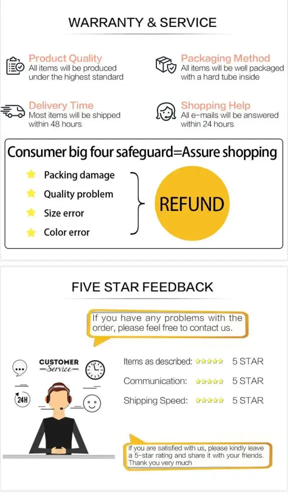 Customer service page for decorbites™ shatterproof clear acrylic flower vase with quality assurance and five-star reviews