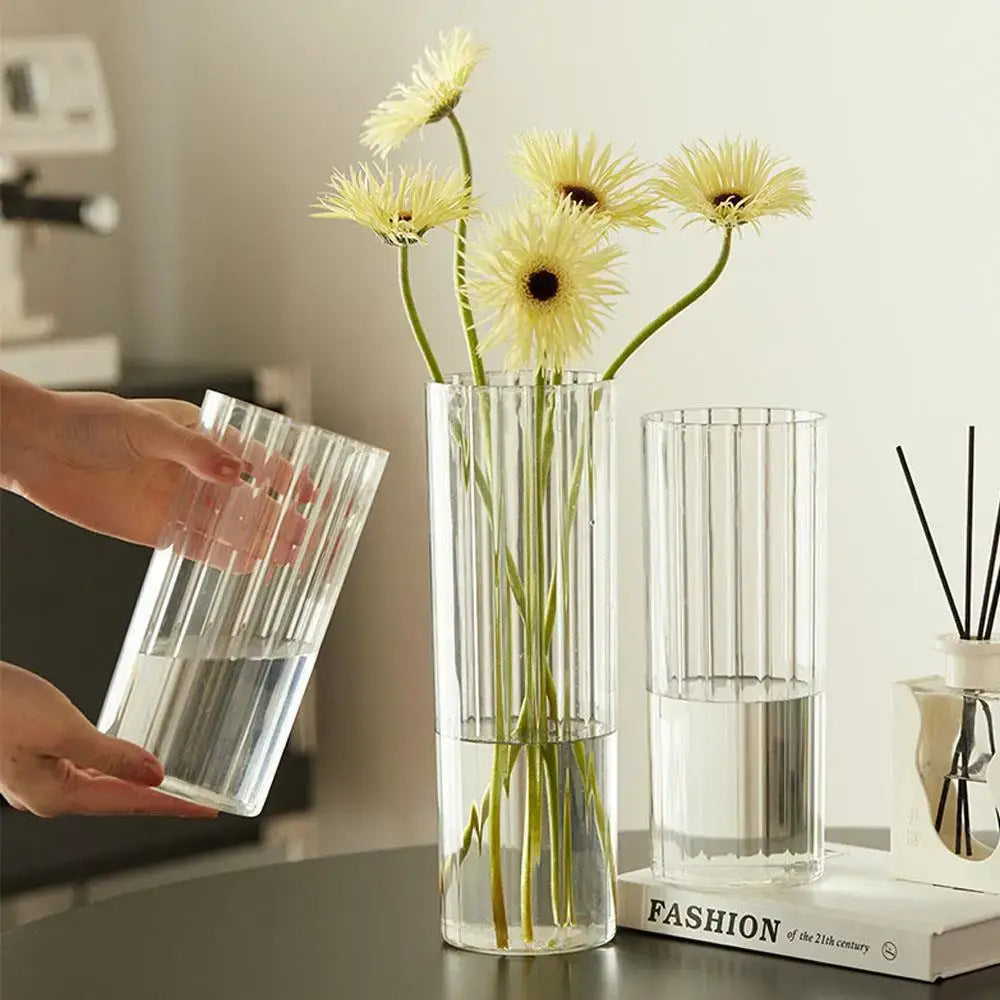 Clear acrylic flower vase by DecorBites™ with vertical ridges and shatterproof design for modern minimalist decor
