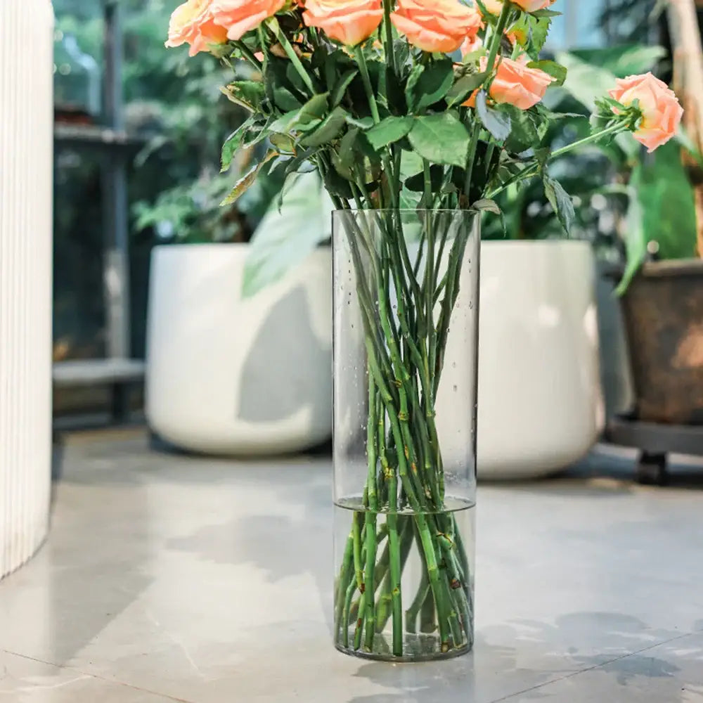Decorbites™ shatterproof tall transparent acrylic flower vase holding peach-colored roses in a clear cylindrical design
