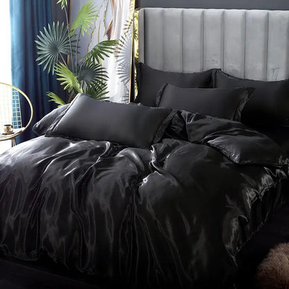 Decorbites™ silk bedding set pcs duvet cover in black satin with glossy smooth texture and elegant draping for width bed