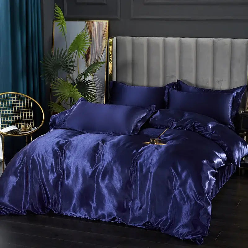 Deep navy decorbites™ silk bedding set with luxury satin duvet cover and matching pillows for width bed sizes