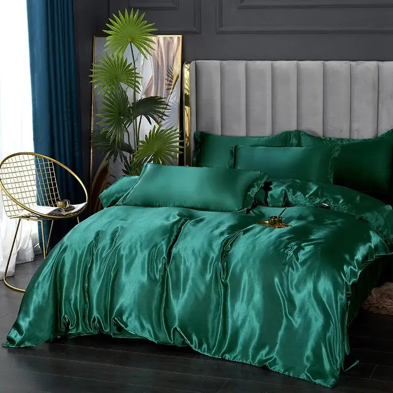 Emerald green decorbites silk bedding set with glossy satin finish includes pcs duvet cover for width bed use