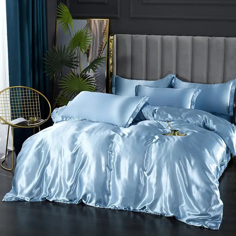 Light blue decorbites silk bedding set pcs duvet cover with glossy finish for width bed luxury satin sheets