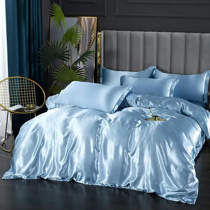 Light blue decorbites silk bedding set pcs duvet cover with glossy finish for width bed luxury satin sheets