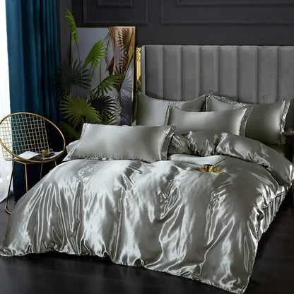 Silk-like silver satin duvet cover set by decorbites with glossy finish and matching pillows for width bed