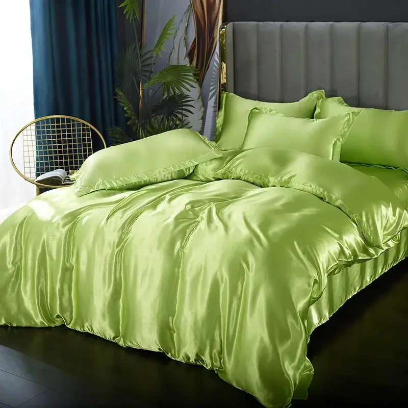 DecorBites silk bedding set in lush lime green satin with pcs duvet cover and smooth glossy finish for width bed