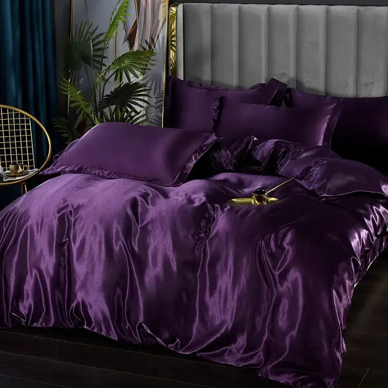 DecorBites™ silk bedding set with deep purple satin duvet cover and matching pillows for width bed luxury