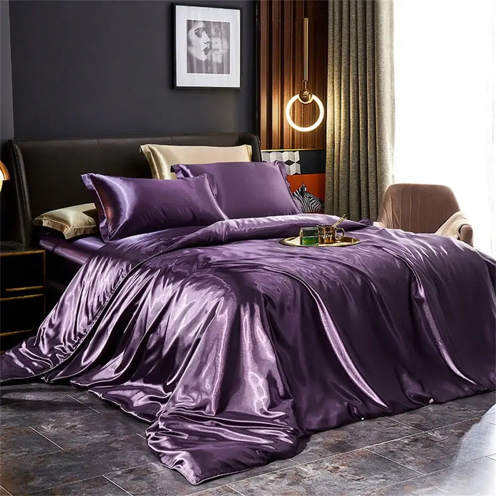 Decorbites™ silk bedding set luxury satin purple duvet cover with matching pillows for width bed pcs duvet cover included