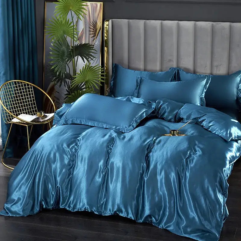 Decorbites™ silk bedding set in lustrous teal satin with smooth reflective finish includes pcs duvet cover for width bed