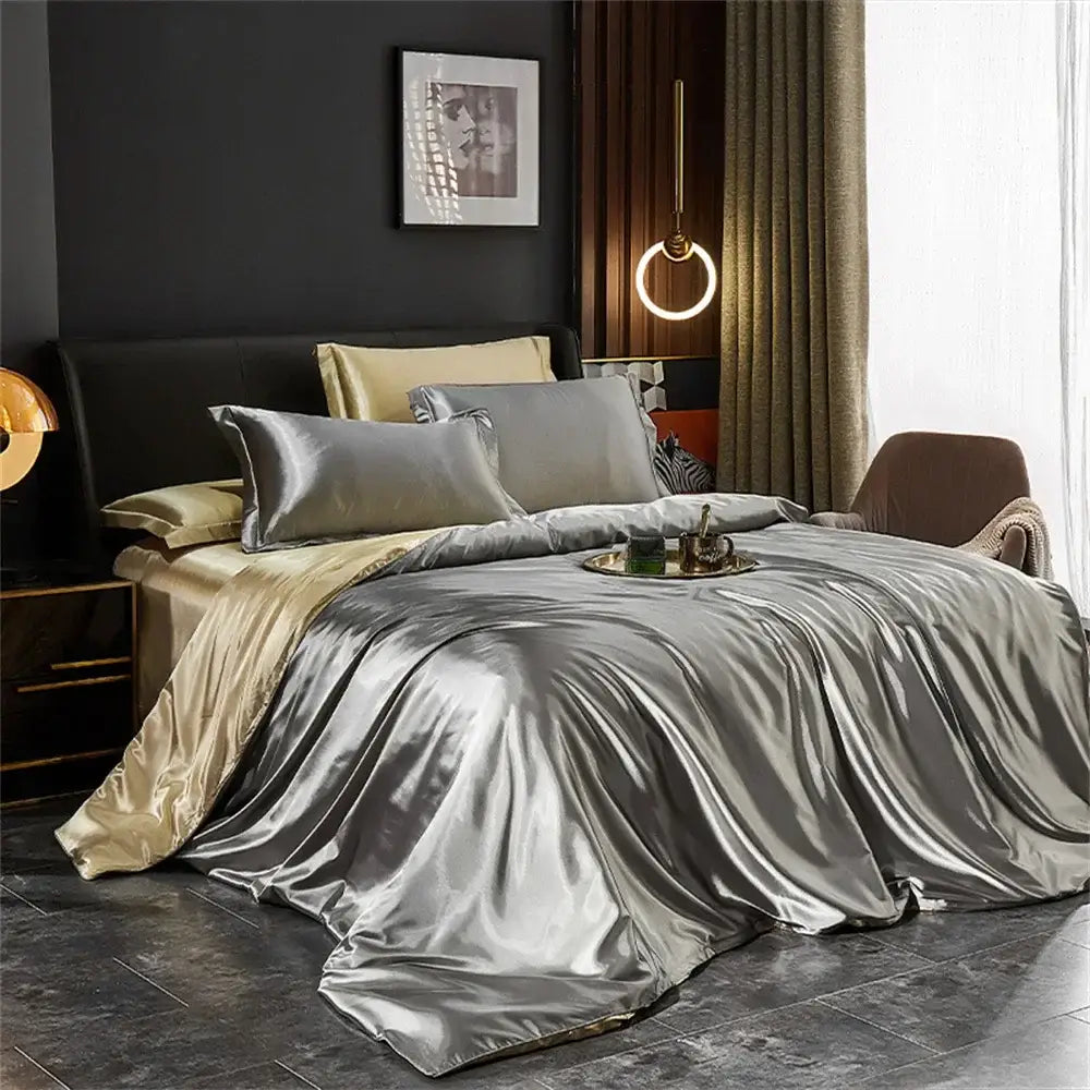Silver satin pcs duvet cover set with gold trim from decorbites silk bedding set luxury satin sheets and pillowcases