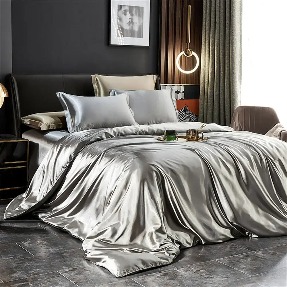 Decorbites™ silk bedding set luxury silver satin pcs duvet cover and pillowcases elegantly draped over bed