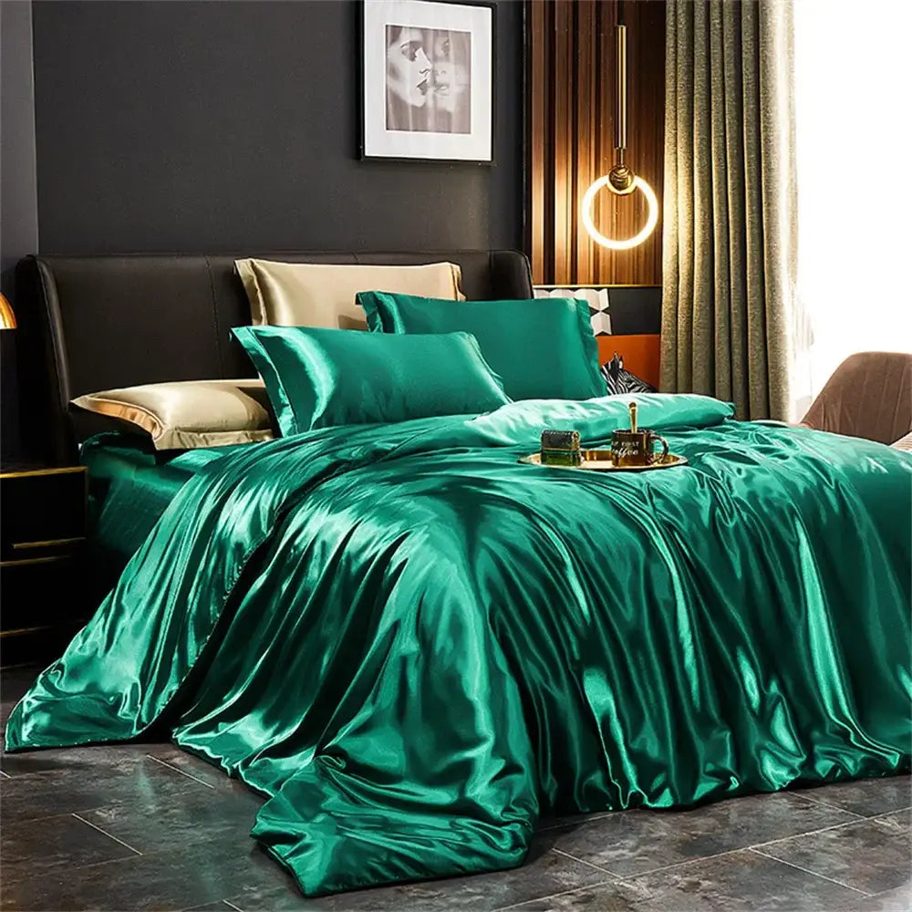 Lush emerald green satin duvet cover set by decorbites™ featuring luxury silk pcs duvet and matching pillowcases
