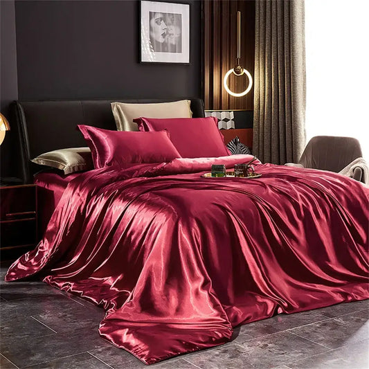 Decorbites™ silk bedding set rich burgundy pcs duvet cover with glossy satin finish for luxury bedroom style