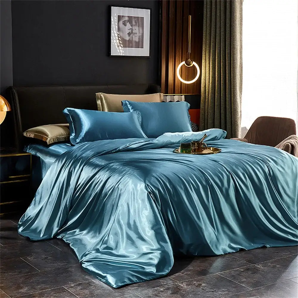 Decorbites™ silk bedding set teal satin pcs duvet cover and matching pillows with a glossy luxurious finish