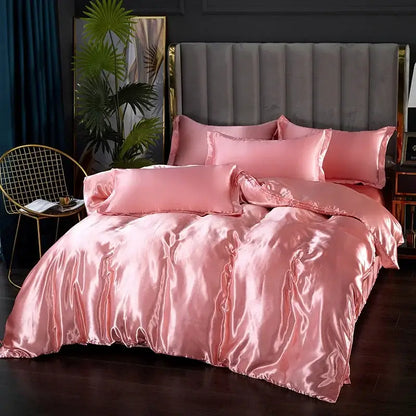 Pink satin duvet cover set with glossy finish and matching pcs duvet cover for width bed by decorbites silk bedding set