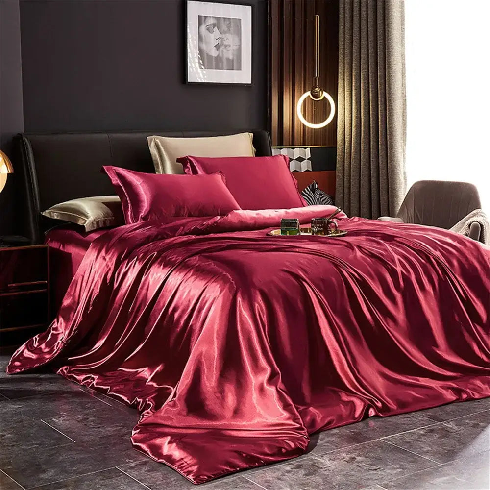 Decorbites™ silk bedding set rich burgundy satin duvet cover pcs for width bed with a glossy luxurious finish