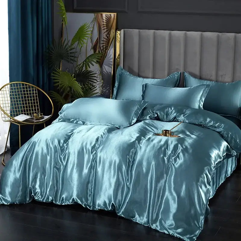 Teal satin decorbites silk bedding set with pcs duvet cover and smooth glossy finish for width bed luxury use