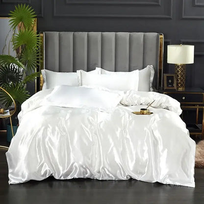 White satin DecorBites™ silk duvet cover set with smooth glossy finish and matching pillowcases for width bed
