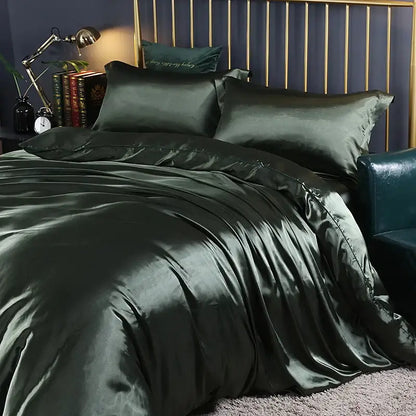 Dark green satin duvet cover bedding set with glossy smooth texture and elegant draping by DecorBites silk luxury pcs duvet cover