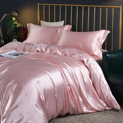 Pink satin decorbites silk duvet cover bedding set with glossy finish and matching pcs duvet cover pillowcases