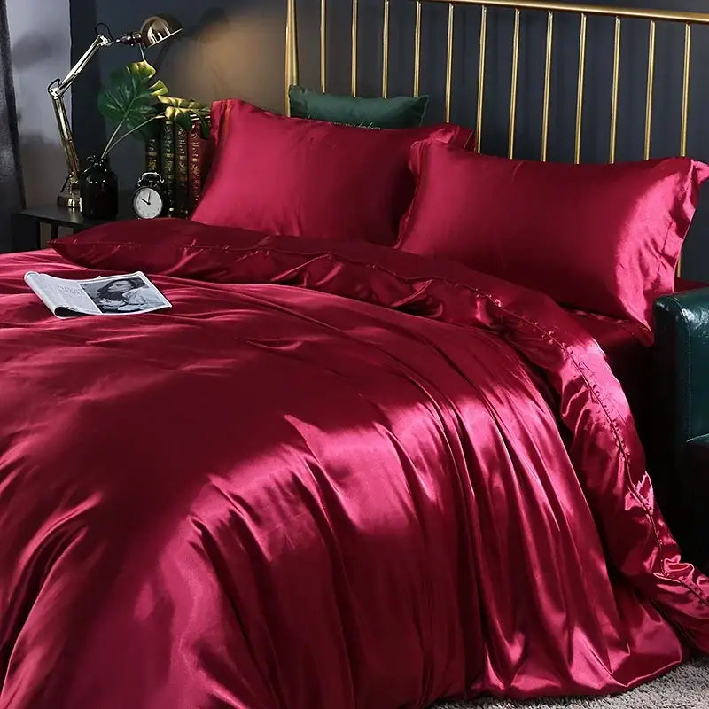 Rich crimson satin DecorBites™ silk duvet cover bedding set with glossy luxurious finish in twin queen king sizes
