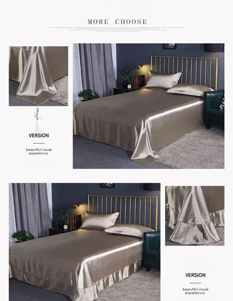 Decorbites™ silk duvet cover luxury metallic gold satin bedspread with ruffled hem pcs duvet cover set