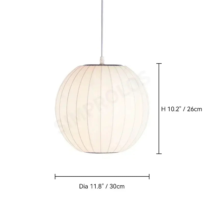 Off-white spherical DecorBites silk led pendant lamp with vertical ribbed texture and sleek white cord for modern lighting