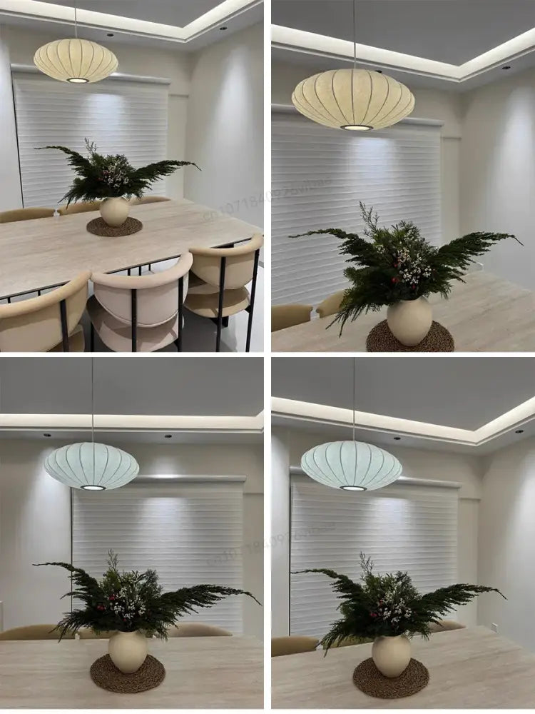 Decorbites™ silk led pendant lamp with a segmented ribbed paper shade softly glows above the dining table