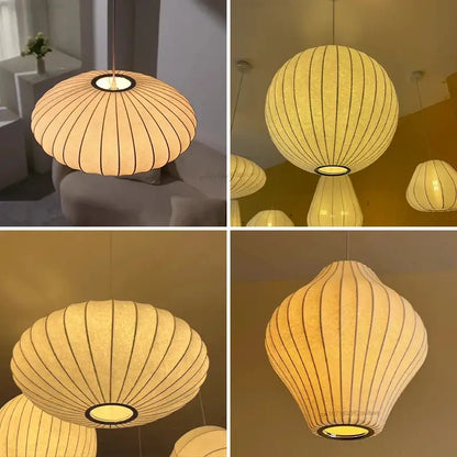 Decorbites™ silk led pendant lamp with warm-toned ribbed paper shade and subtle black vertical lines for modern lighting