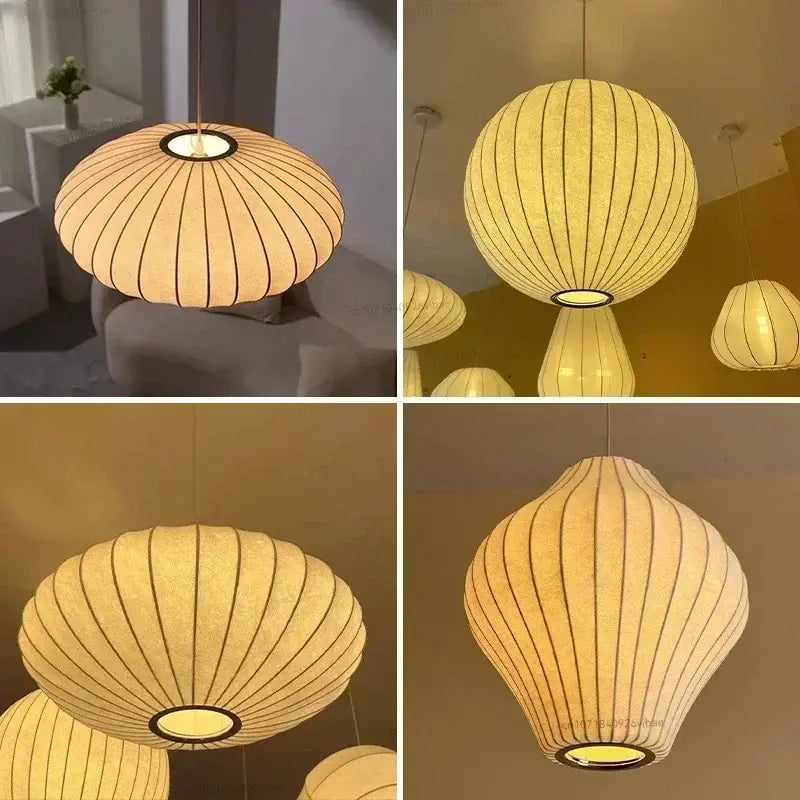 Decorbites™ silk led pendant lamp with warm-toned spherical paper lantern and vertical ribbed pattern lighting
