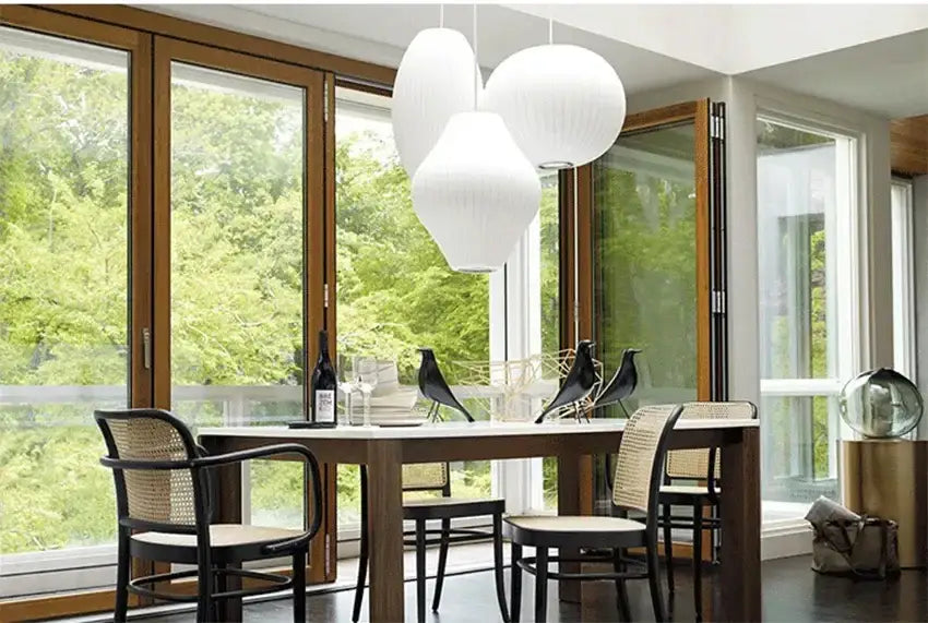 White spherical DecorBites™ silk LED pendant lamp with ribbed texture modern designer pendant lamp lighting