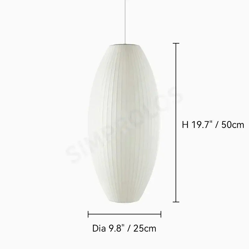 White vertically ribbed decorbites™ silk led pendant lamp with elongated oval shape designed for modern lighting
