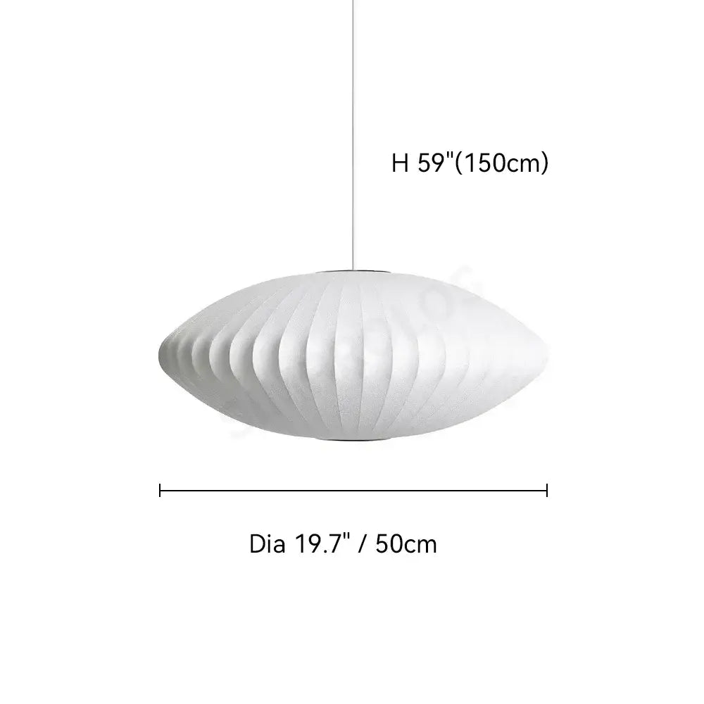 White oval-shaped DecorBites™ silk fabric led pendant lamp with a ribbed surface and modern designer lighting design