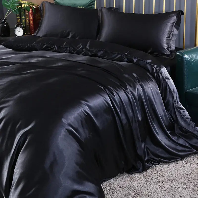 DecorBites silk luxury bedding set black satin pcs duvet cover and pcs bed sheet with smooth glossy finish and elegant drape
