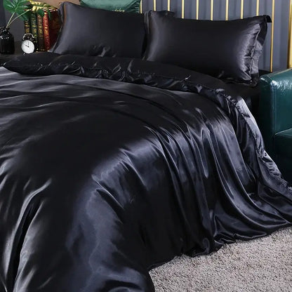 Black satin DecorBites™ silk luxury bedding set pcs duvet cover with matching pcs bed sheet and pillowcases glossy finish