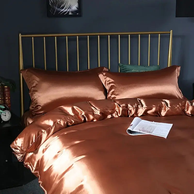 DecorBites™ silk luxury bedding set in copper satin featuring a glossy pcs duvet cover and matching pcs bed sheet