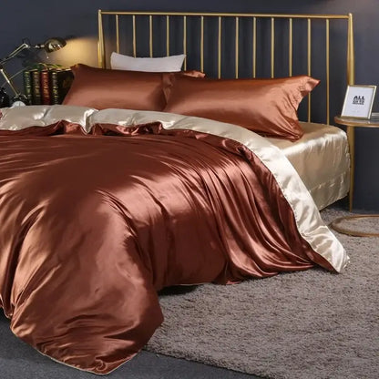Decorbites silk luxury bedding set pcs duvet cover in copper satin with cream-colored inner lining for elegant comfort