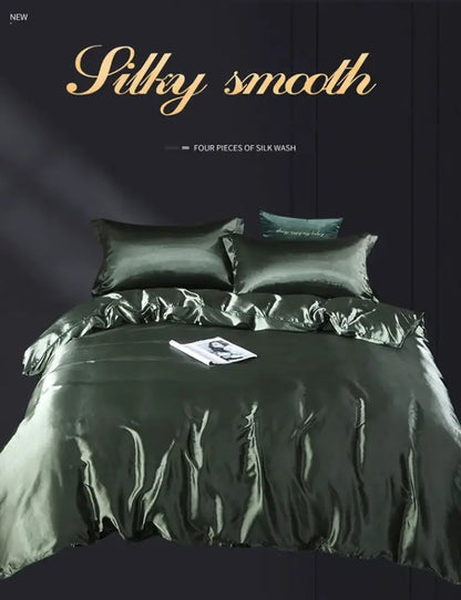 Deep emerald green silk luxury 3 pcs duvet cover and bed sheet set with silky smooth satin finish by decorbites