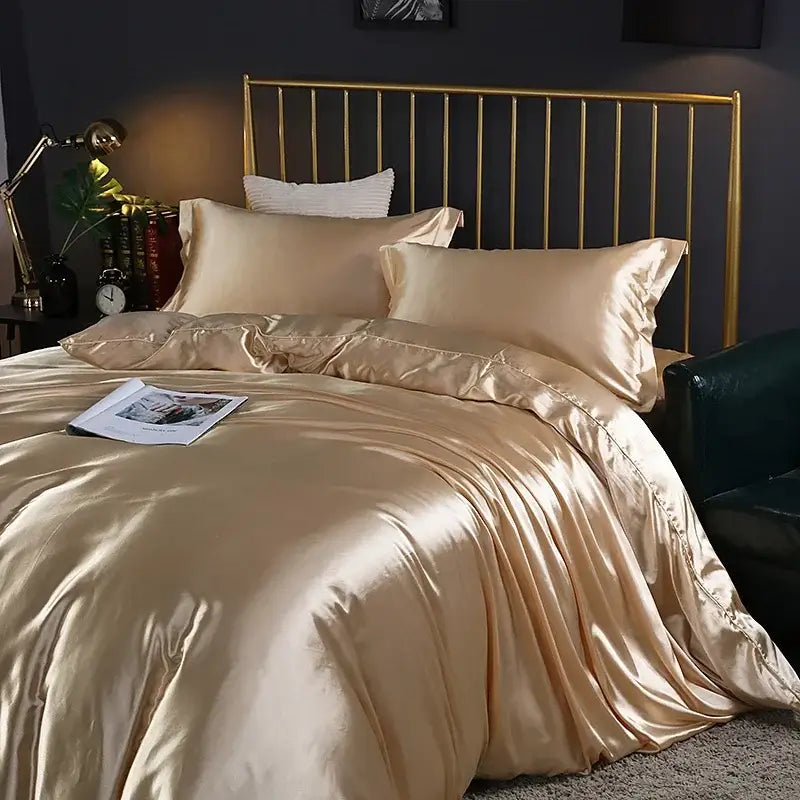 Glossy gold satin duvet cover set with matching pillowcases from DecorBites™ silk luxury bedding set pcs duvet cover