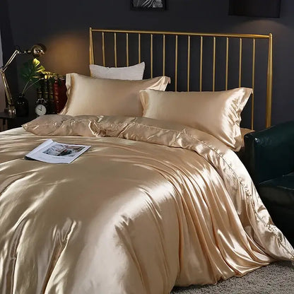 Glossy gold satin duvet cover set with matching pillowcases from DecorBites™ silk luxury bedding set pcs duvet cover