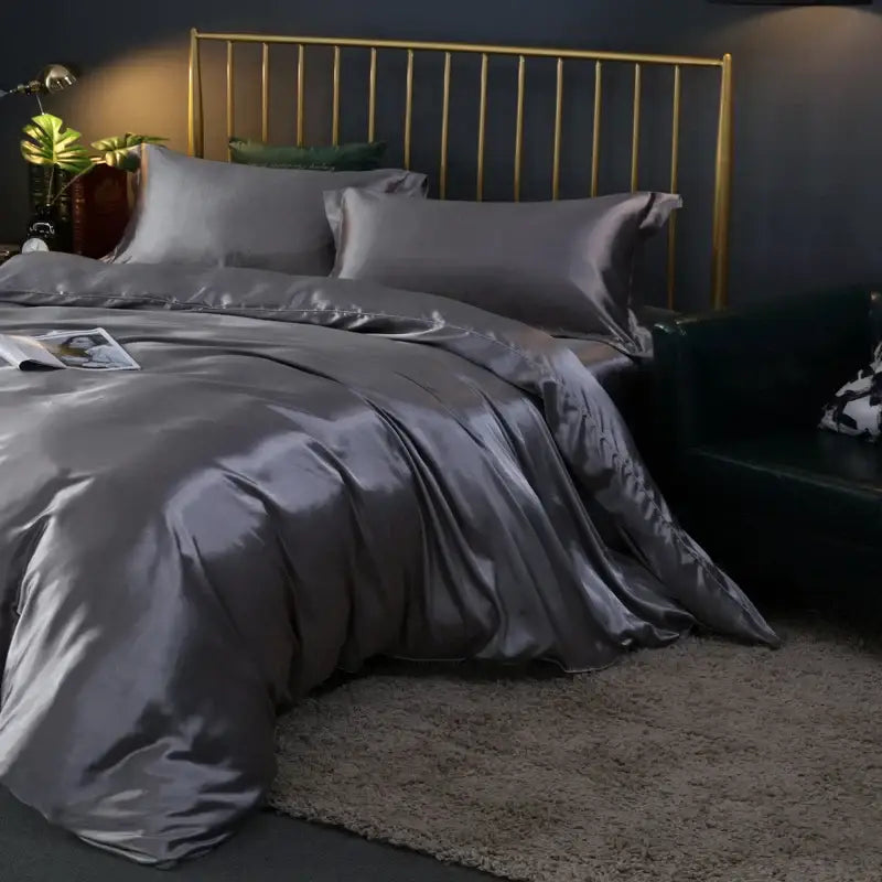 Silk-gray satin pcs duvet cover and pcs bed sheet set by decorbites featuring smooth lustrous finish and elegant draping