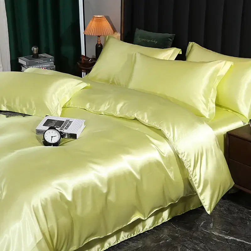 Decorbites™ silk luxury bedding set pcs duvet cover and pcs bed sheet in luminous lime satin with smooth glossy finish