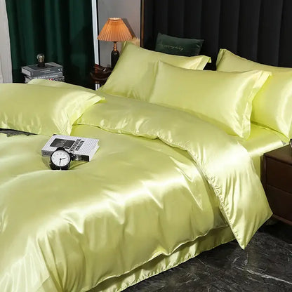 Decorbites™ silk luxury bedding set pcs duvet cover and pcs bed sheet in luminous lime satin with smooth glossy finish