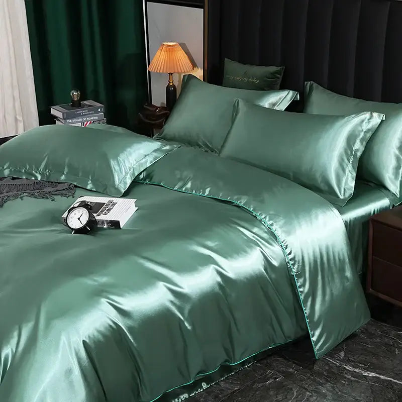 Decorbites silk luxury bedding set with lustrous emerald green satin 4 pcs duvet cover and bed sheet set