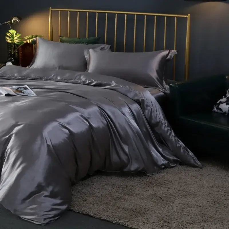 Decorbites™ silk luxury bedding set dark gray satin duvet cover with pcs duvet cover and pcs bed sheet glossy finish