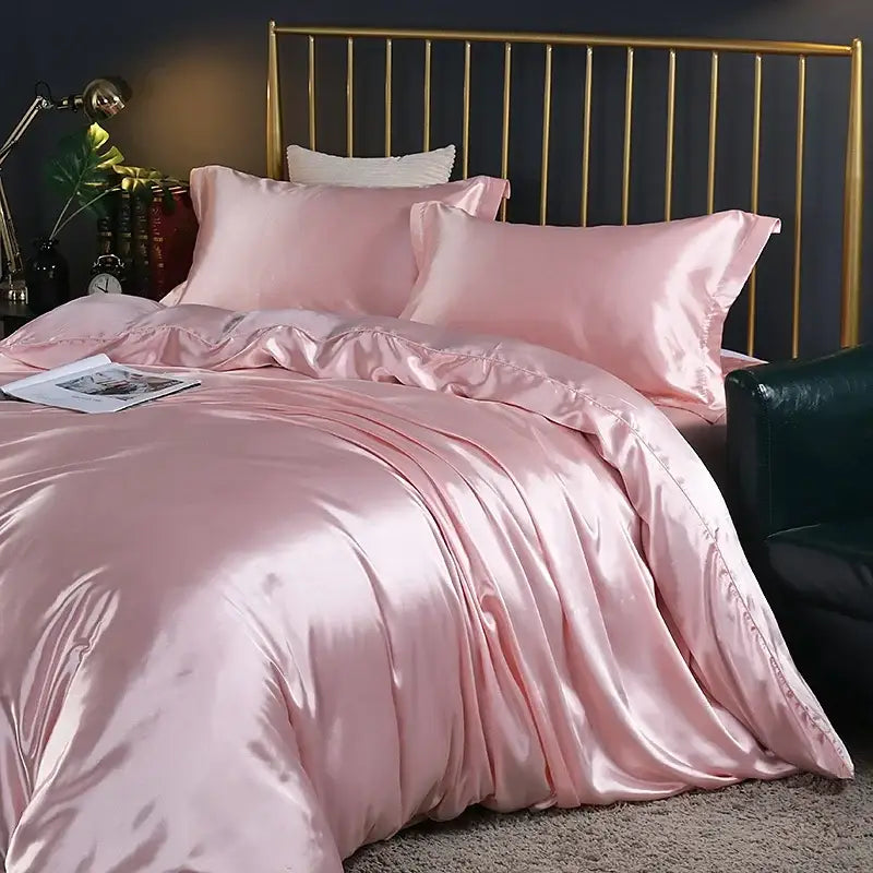 Decorbites™ silk luxury bedding set with pink satin pcs duvet cover and matching pcs bed sheet with glossy finish