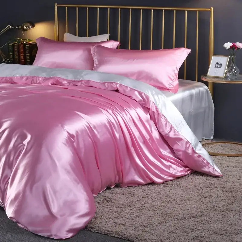 Decorbites silk luxury bedding set with pink satin pcs duvet cover and pcs bed sheet featuring silver trim