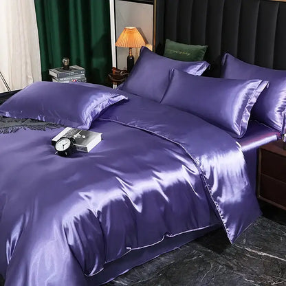 DecorBites™ silk luxury bedding set purple satin pcs duvet cover and pcs bed sheet with matching pillows and glossy finish