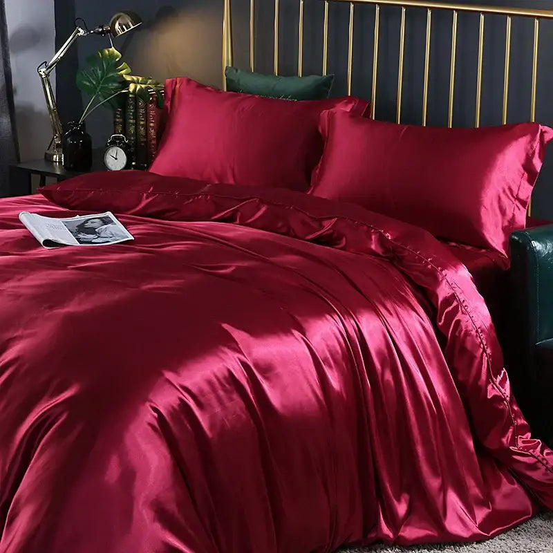 Decorbites™ silk luxury duvet cover set in rich burgundy satin with glossy finish pcs bed sheet and pillowcase